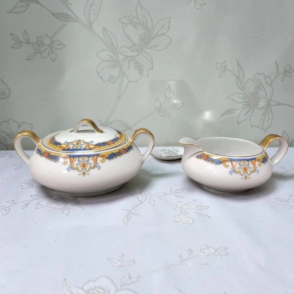 Epiag Elyrian Blue Gold Creamer & Lidded Sugar Set, Czechoslovakian‎ Tableware